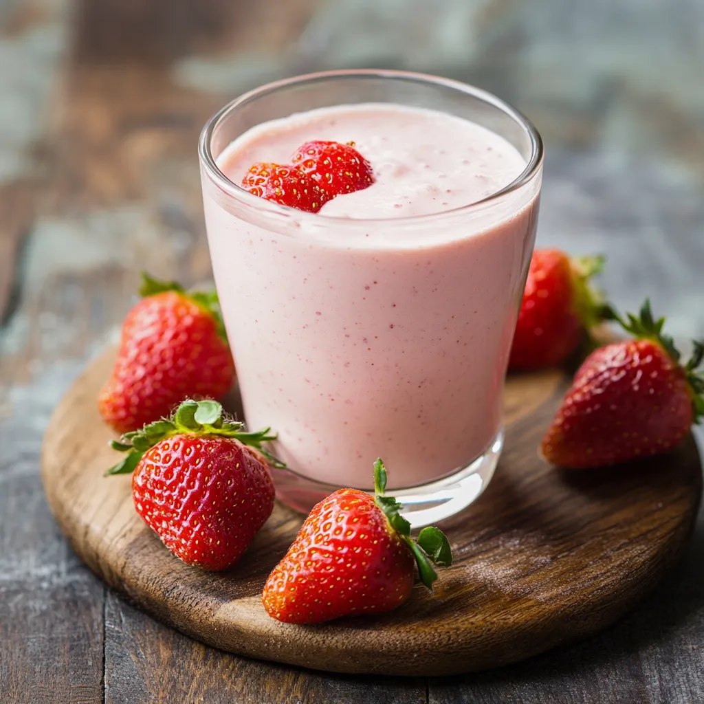 Bicchiere pieno di frullato alle fragole.