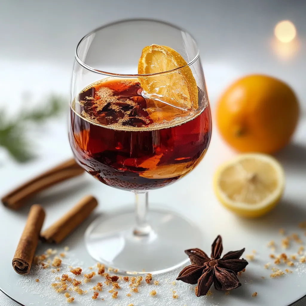 Una tazza di vino con un limone e un cinnamon.