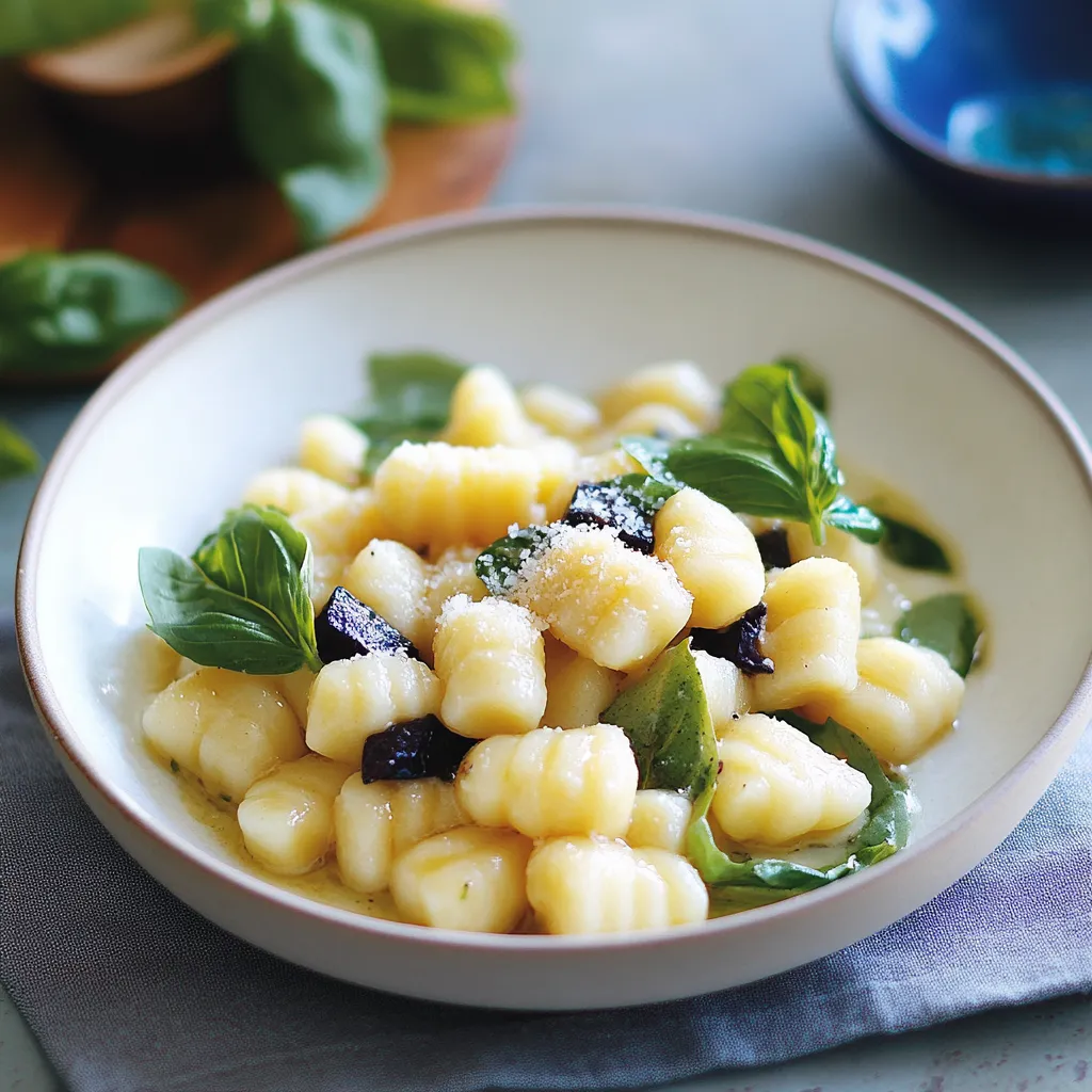 Gnocchi in una ciotola con verdure e formaggio.