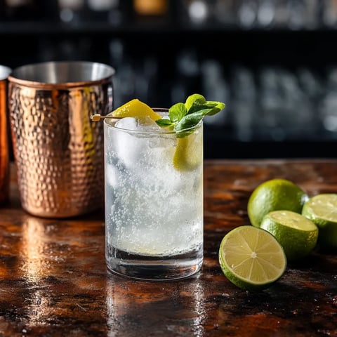 Un bicchiere di gin con un rametto di menta e una fetta di lime.