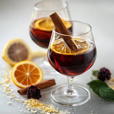 Due bicchieri fumanti di vin brulé con agrumi.