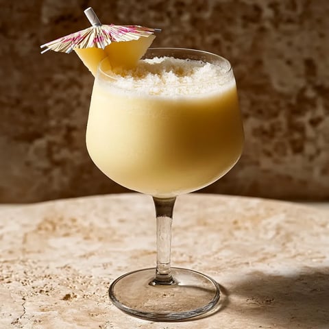 Un cocktail vellutato servito in un bicchiere elegante e decorato con frutta tropicale.