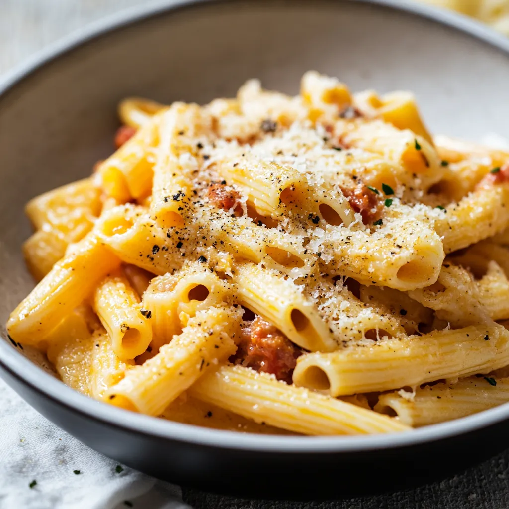 A bowl of pasta with cheese and meat.