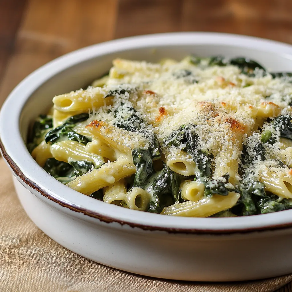 A bowl of pasta with cheese and spinach.