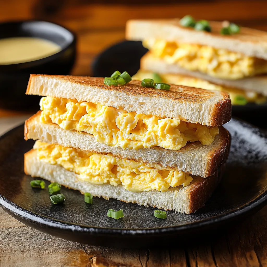 Two sandwiches with egg and cheese on a plate.