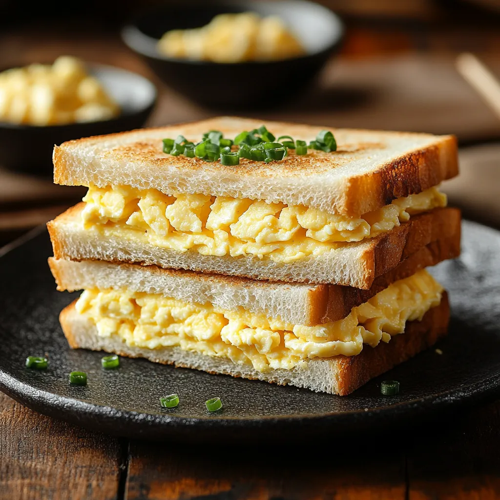 A stack of toast with eggs and vegetables.