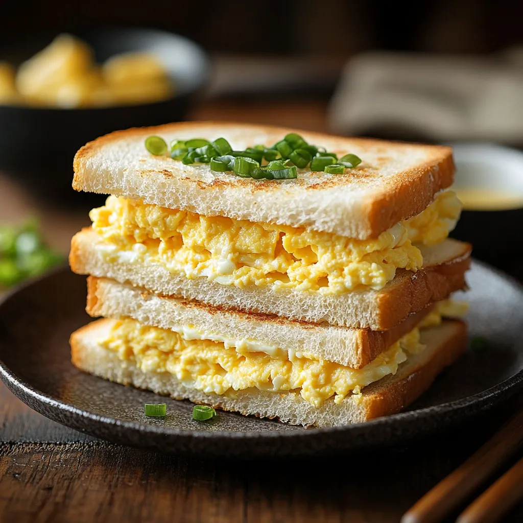 A stack of toast with eggs and vegetables.