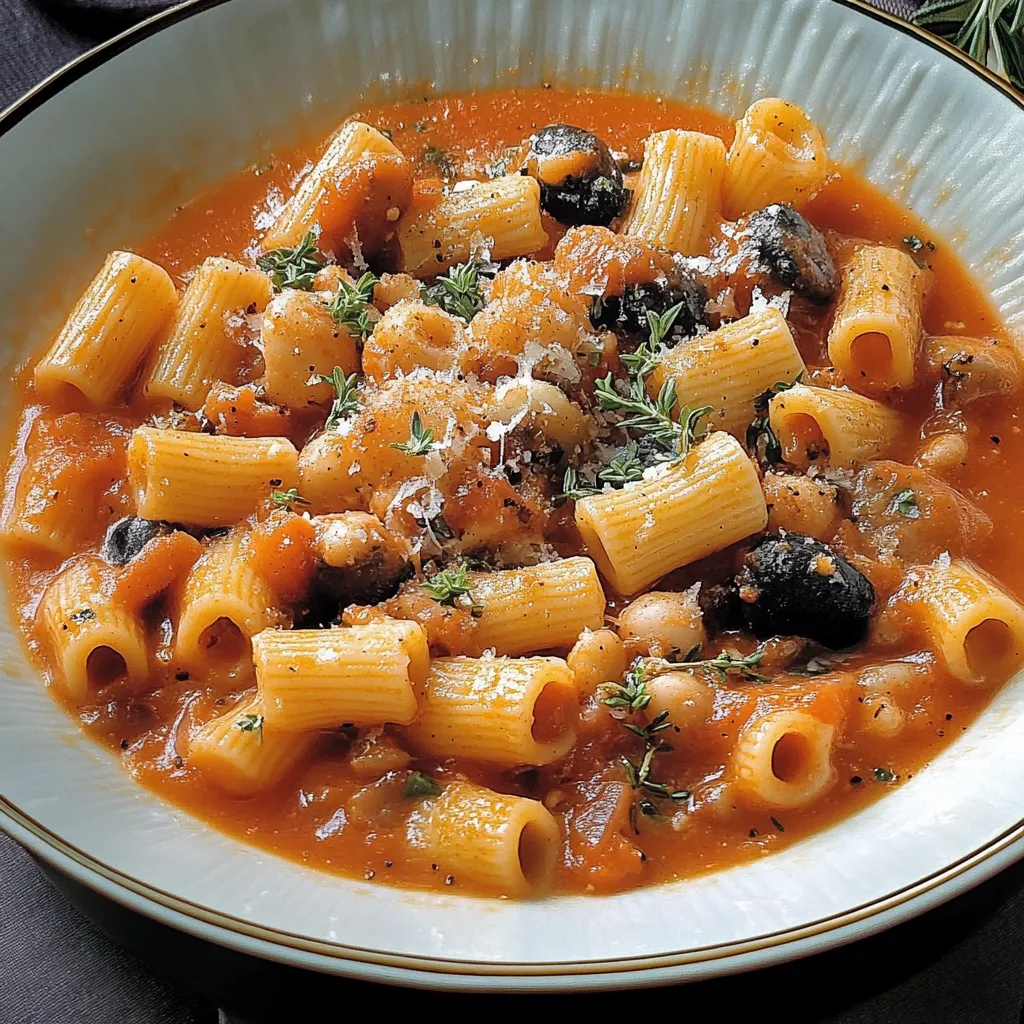 A bowl of pasta with tomato sauce.