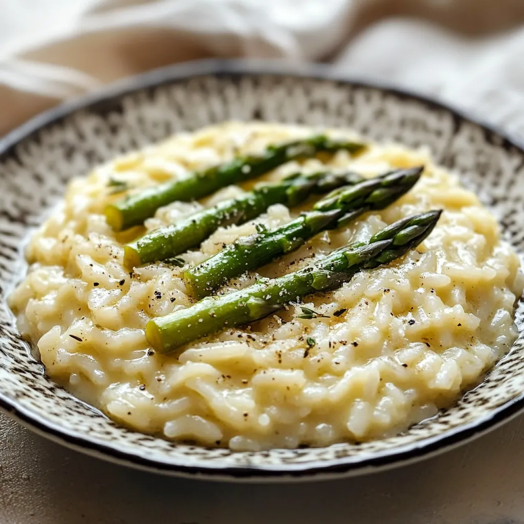 A bowl of pasta with asparagus on top.