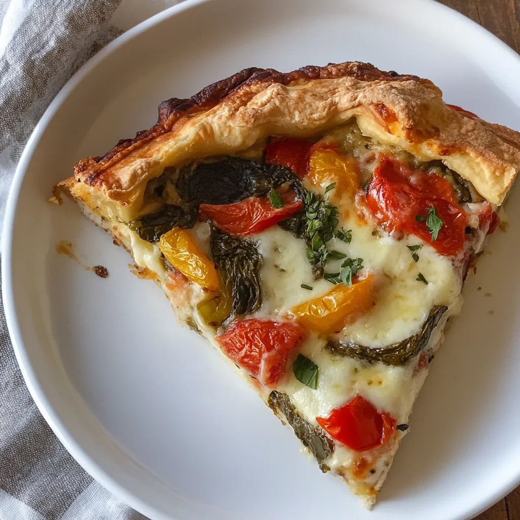 A slice of pizza with tomatoes and spinach.
