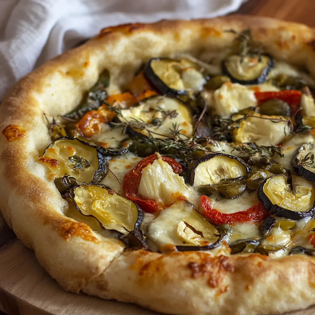 A pizza with vegetables on it.