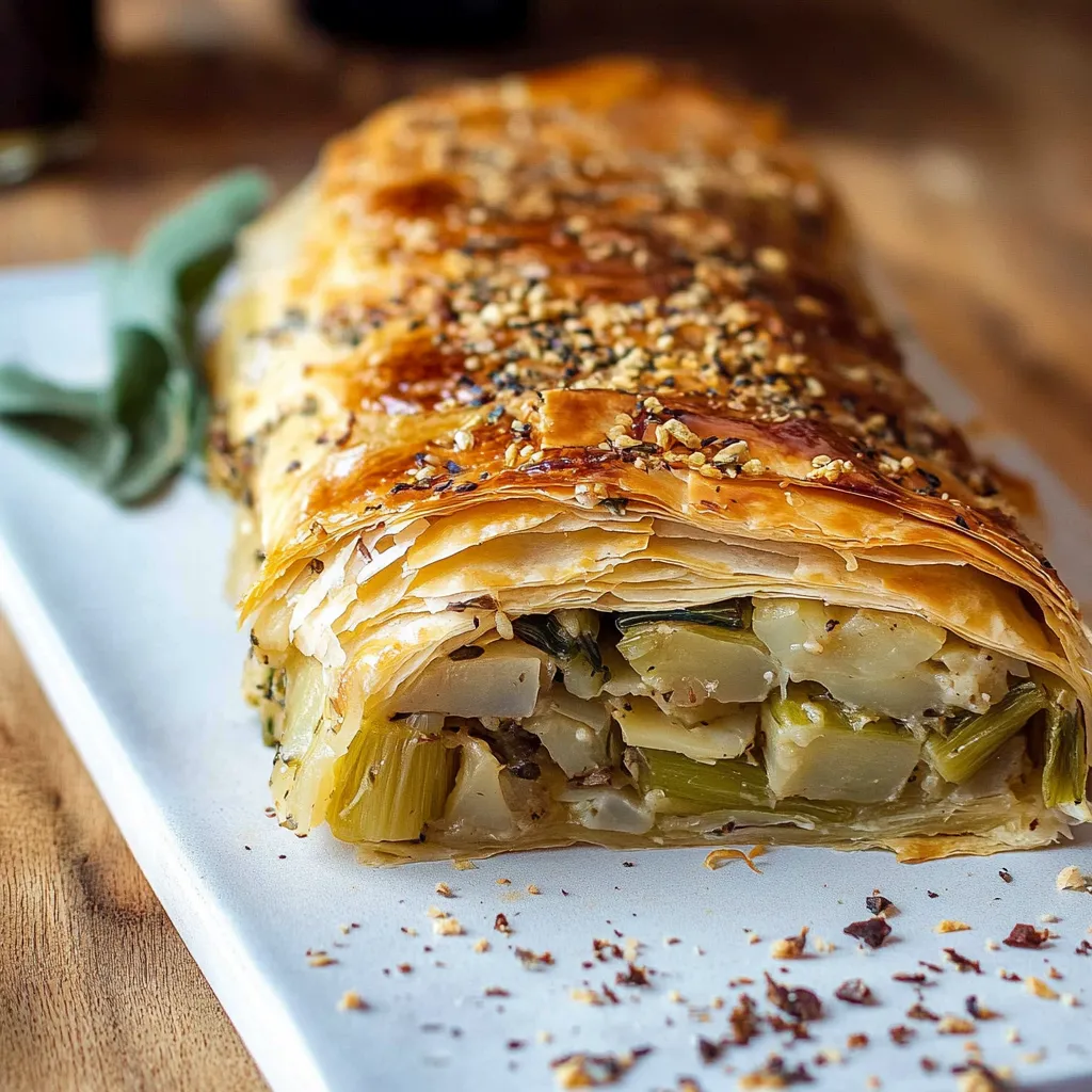 A pastry with vegetables and herbs on a white plate.