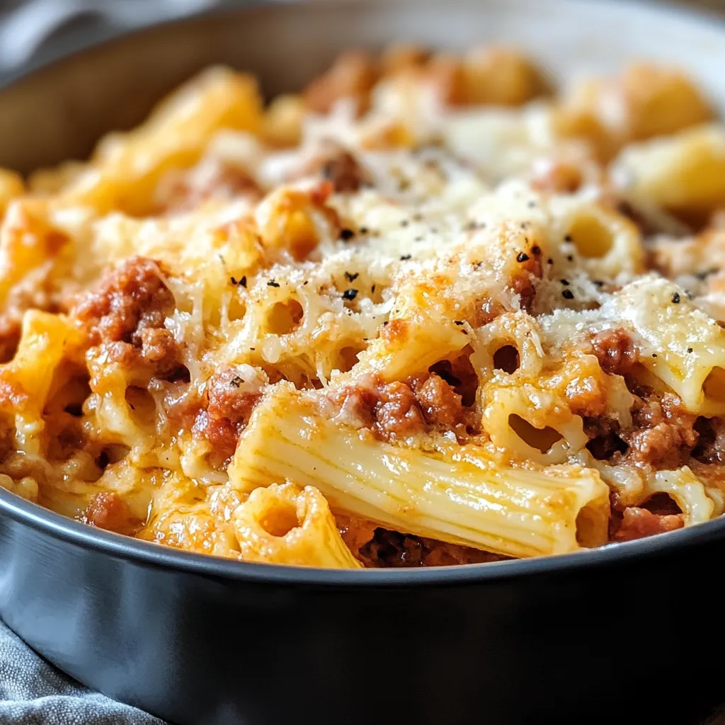 A bowl of pasta with meat and cheese.
