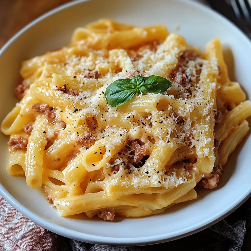 A bowl of pasta with cheese and basil.