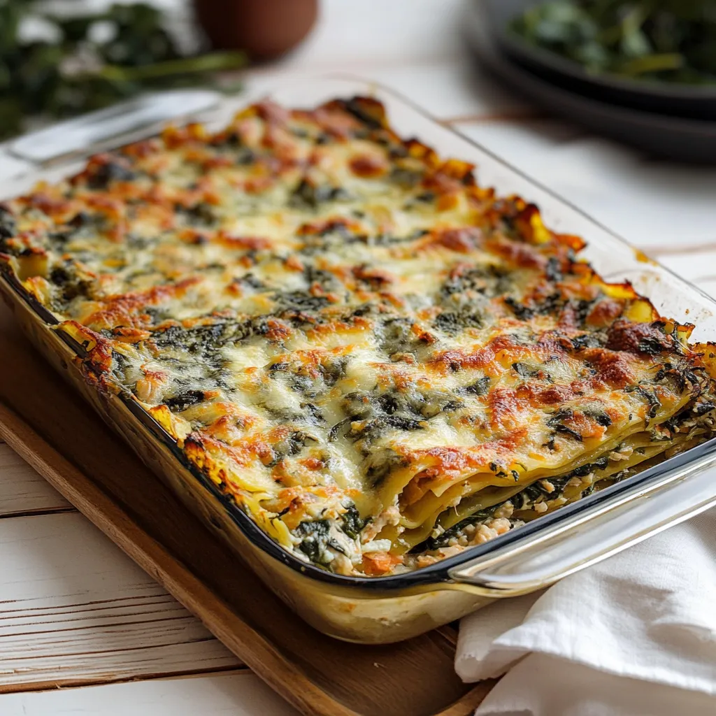 A pan of lasagna with cheese and spinach.