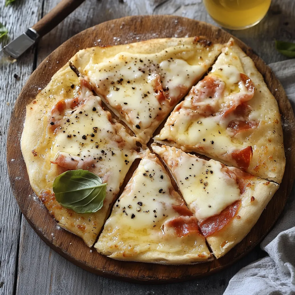 A pizza with cheese and ham on a wooden board.