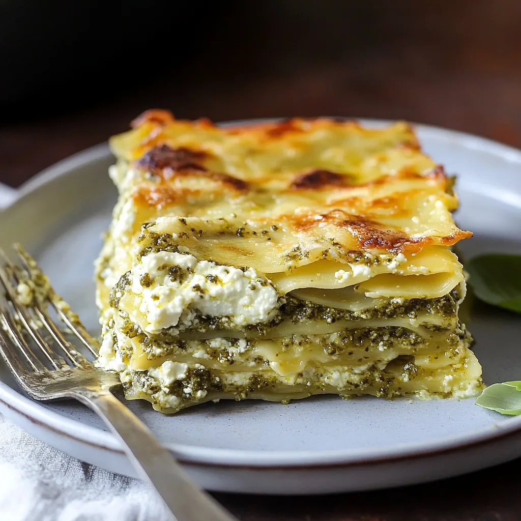 A slice of lasagna on a plate.