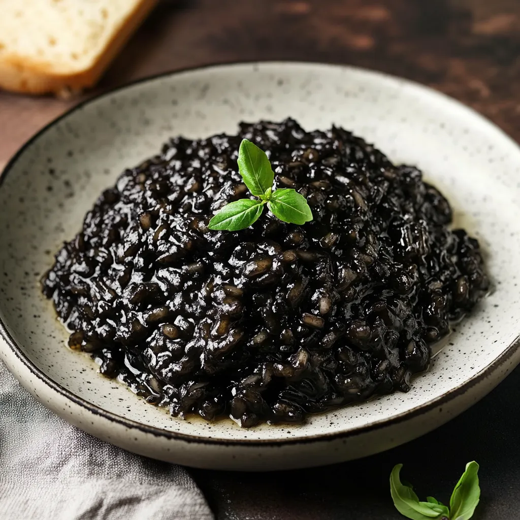 Una ciotola di pasta nera con foglie di basilico.