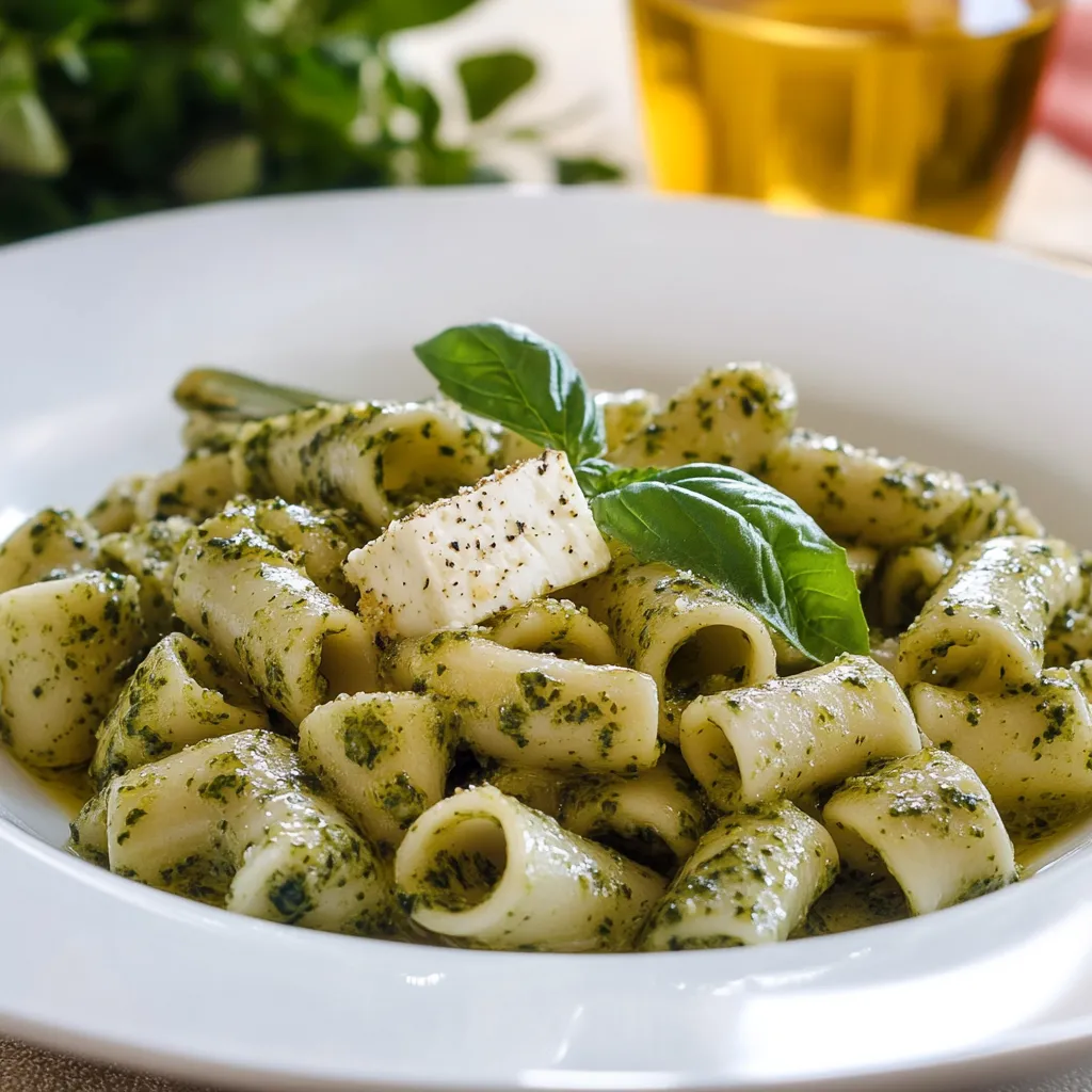 Piatti di pasta con basilico e formaggio.