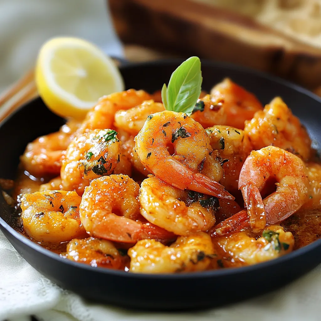 Una ciotola di shrimp con una foglia di basilico.