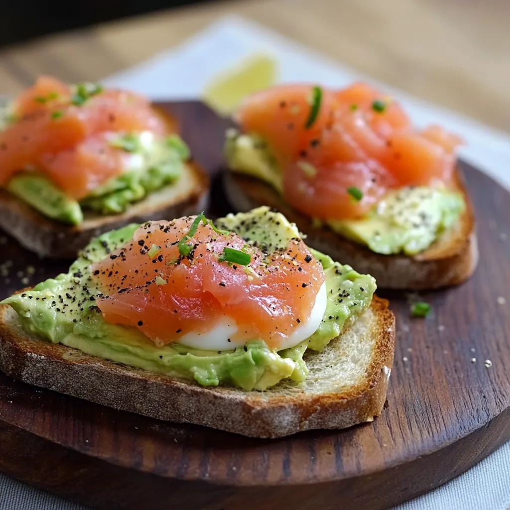 Due toast con pesce e avocado.