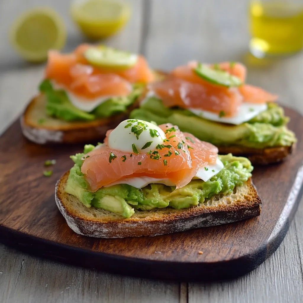Due toast con pesce e avocado.