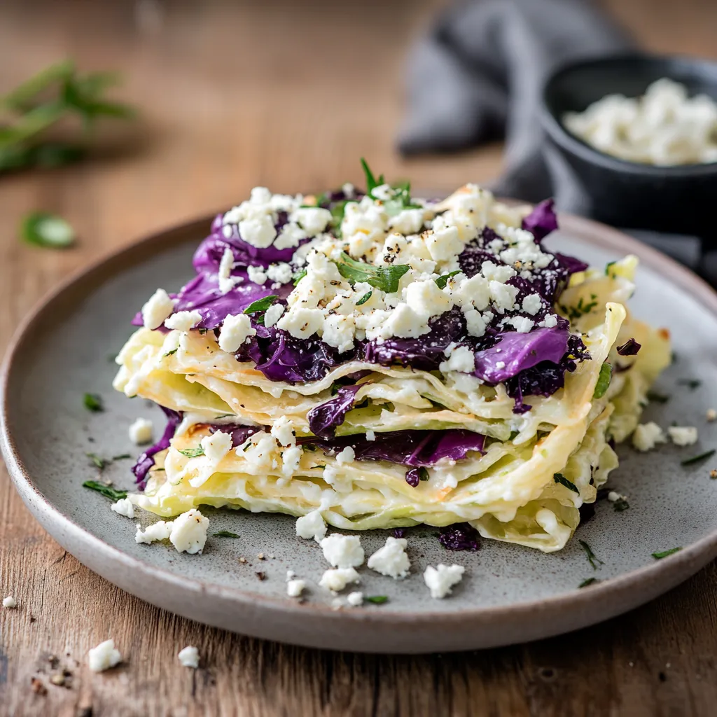 Un piatto di pasta con feta e purple cabbage.