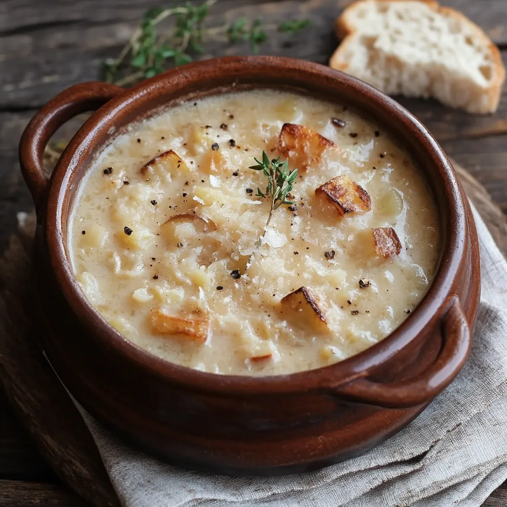 Una ciotola di zuppa con patate e pane tostato.