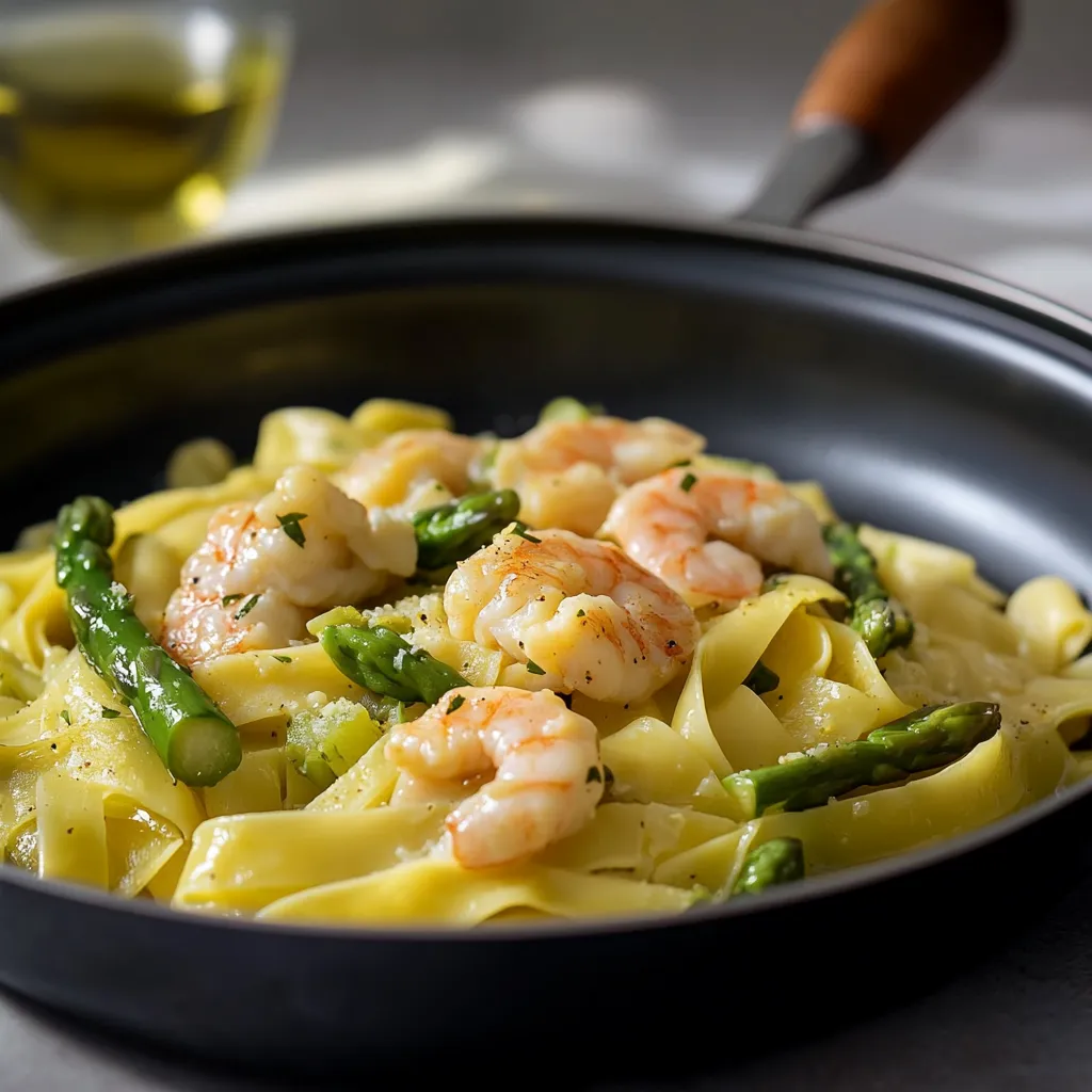 Pasta con frullati e gamberi.