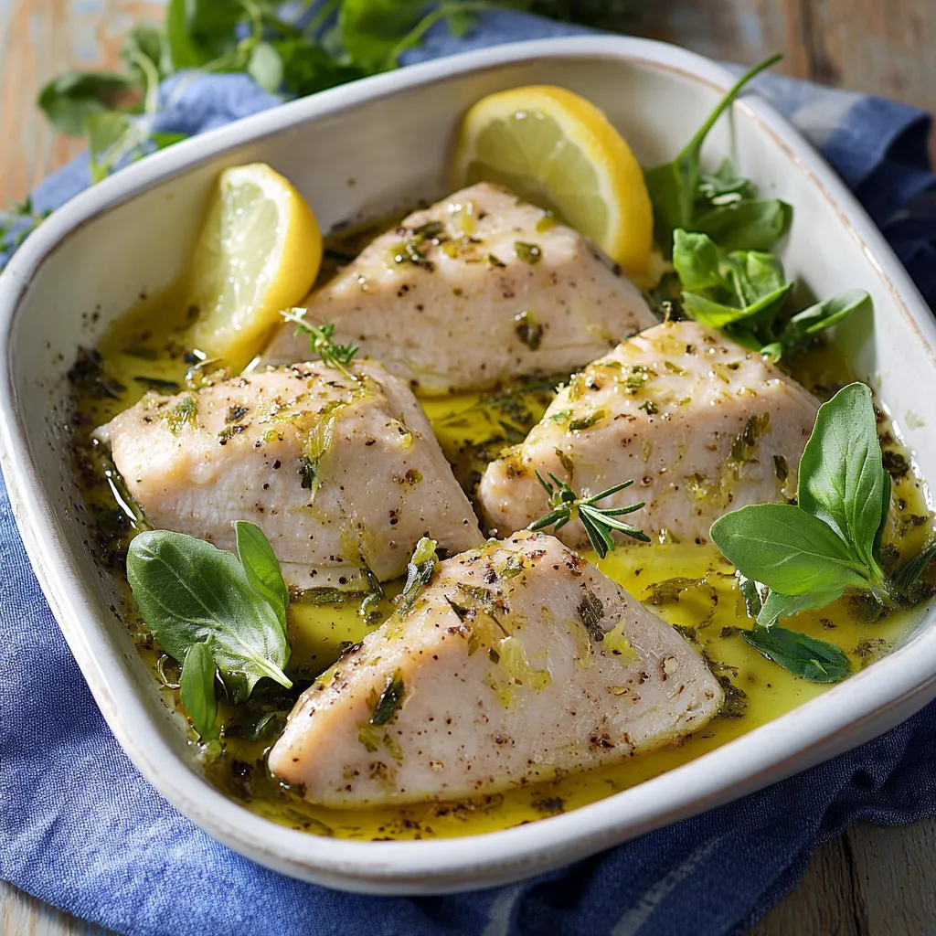 Piatti di pesce con erbe e limoni.