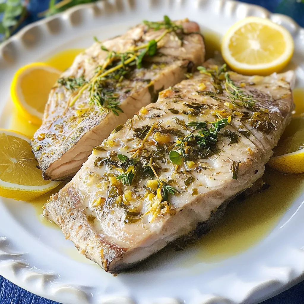 Due filetti di pesce con erbe e limoni.