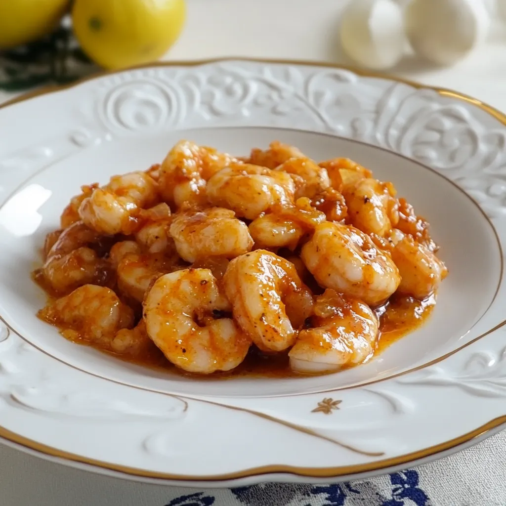 Una pietanza di gamberi con un sugo rosso.