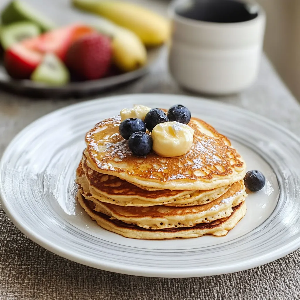 Un piatto di pancakes con frutta e yogurt.