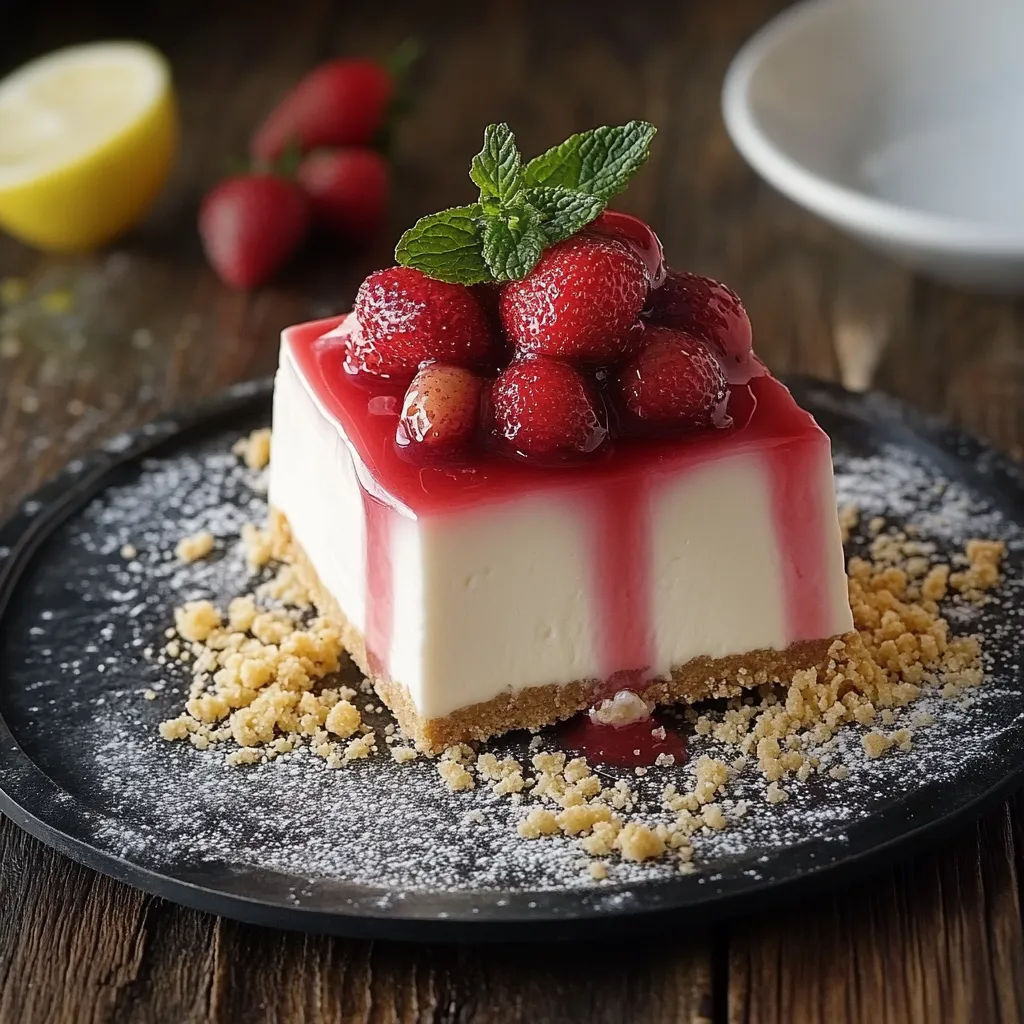 Una fetta di dolce con frutta fresca e succo di limone.