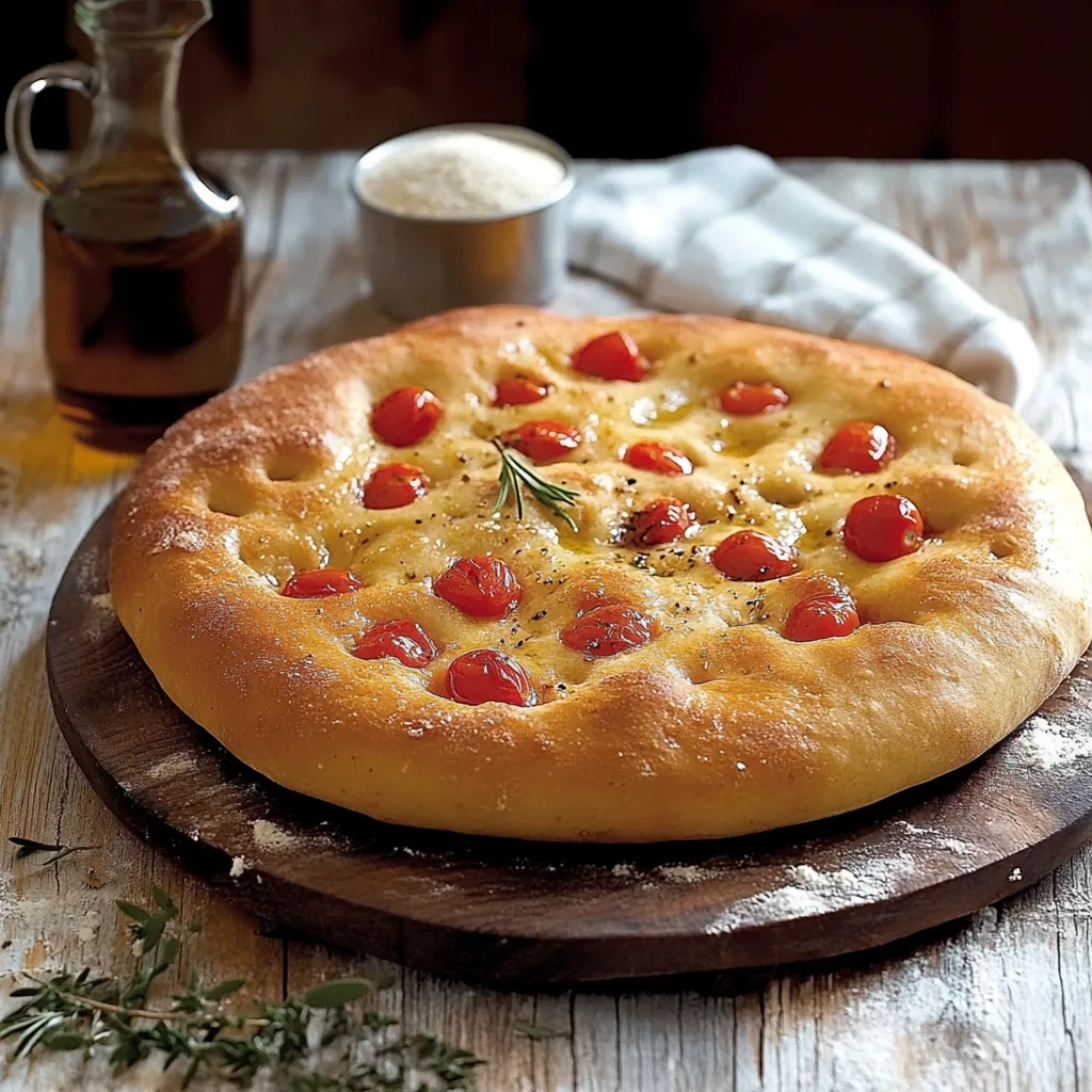 Focaccia barese con pomodorini e olive.