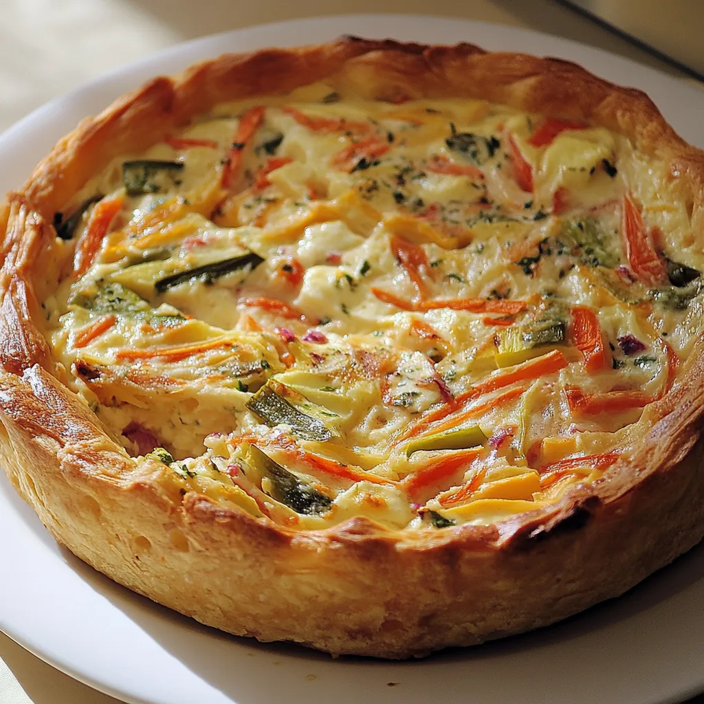 Un piatto di torta con verdure e formaggio.