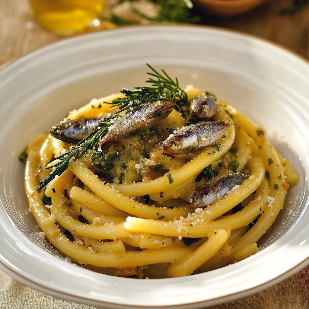 Piatti di spaghetti con pesce e erbe.