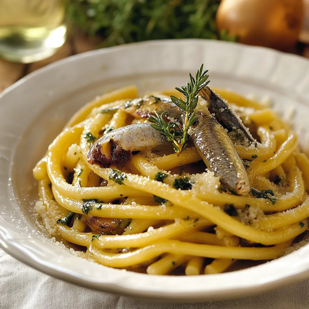 Penne con pesce e erbe.
