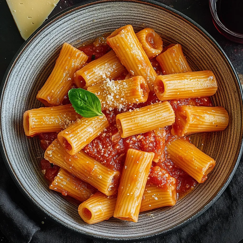 Una ciotola di pasta con salsa e foglie di basilico.