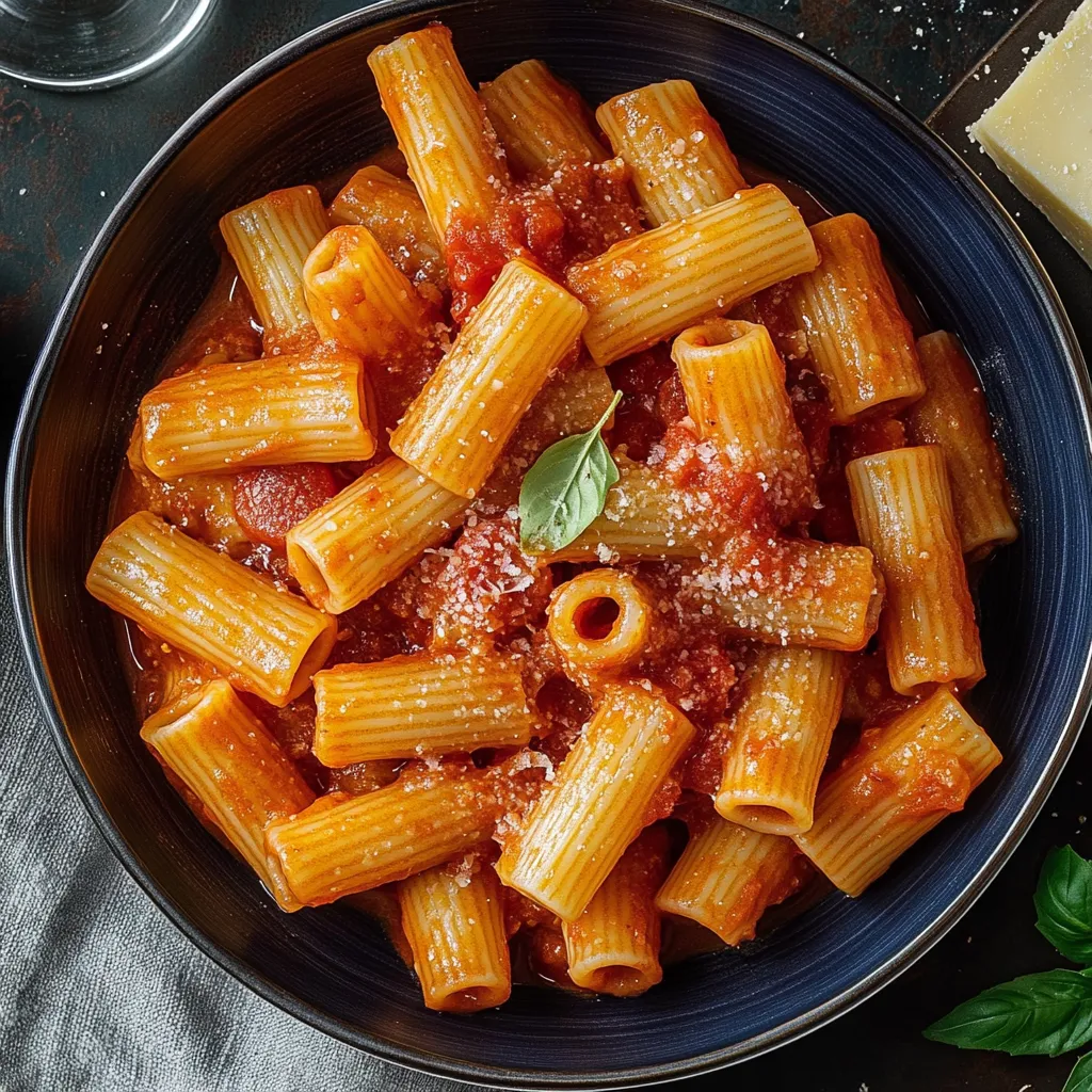 Una ciotola di maccheroni con sugo di pomodoro e basilico.
