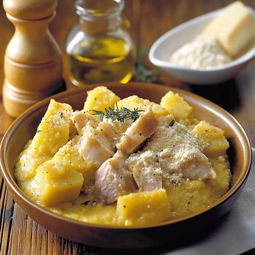 Una tazza con pollo e patate.