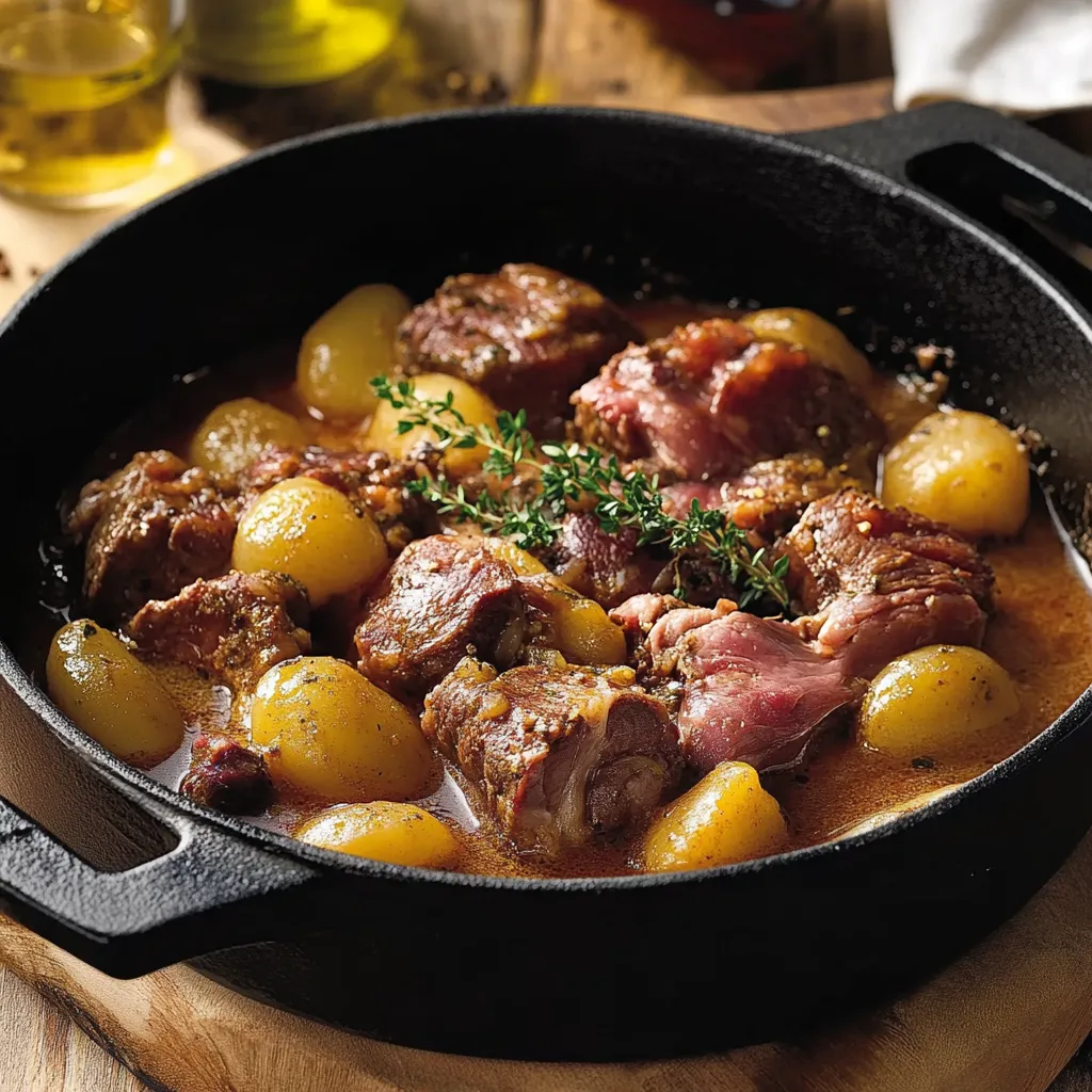 Un piatto di carne e patate in una pentola.