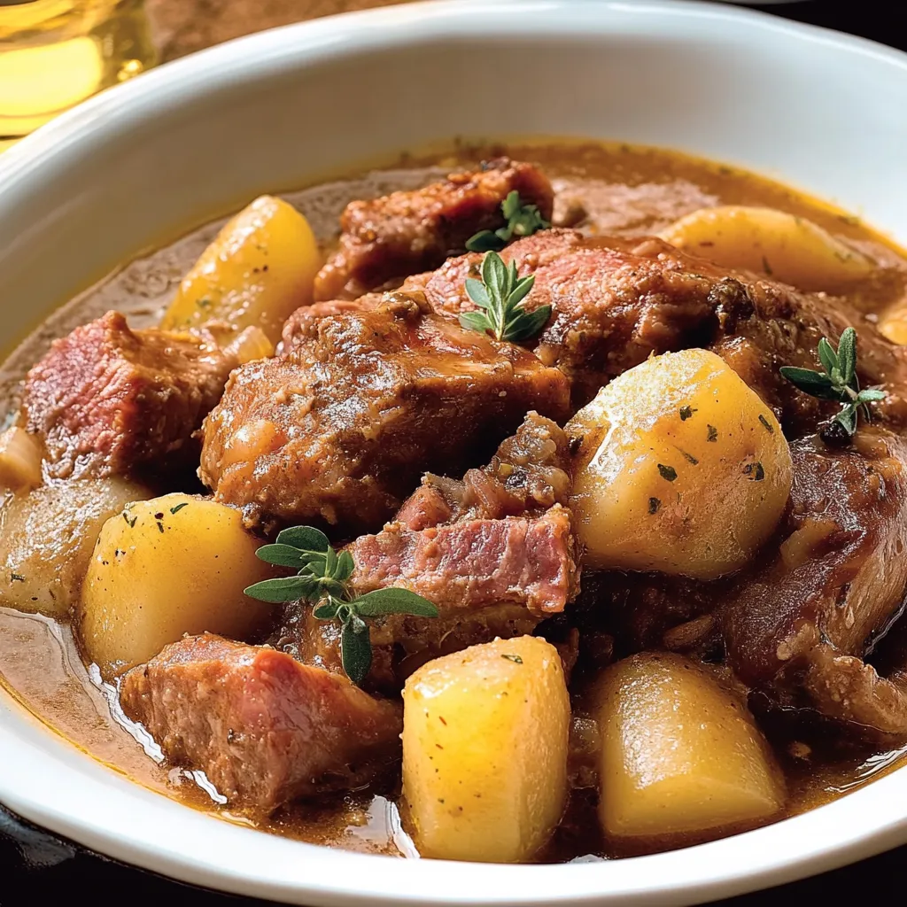 Una ciotola con carne e patate.