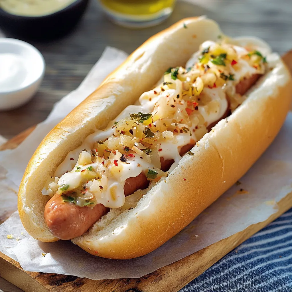 Hot dog con cottura e guarnizione di peperoncino e cipolla.