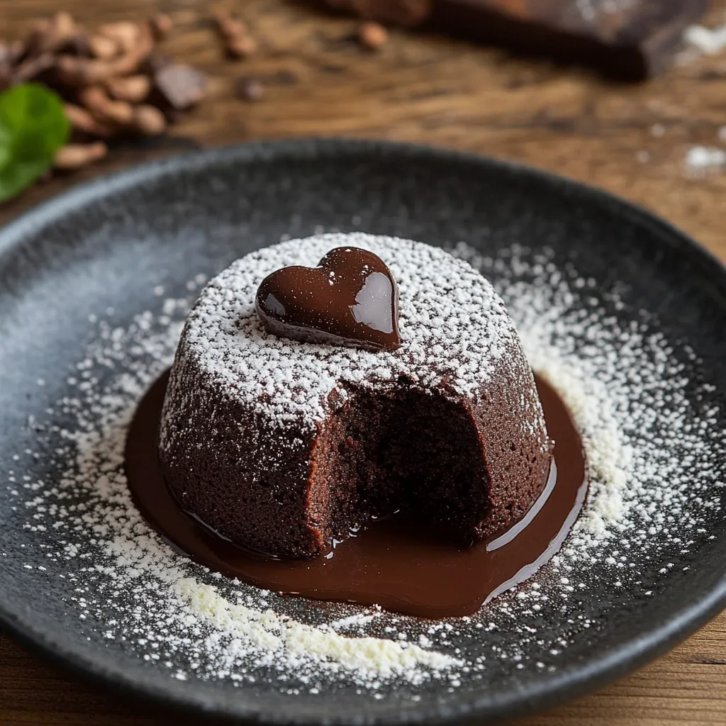 Un tortino al cioccolato con cuore morbido e una decorazione a forma di cuore.