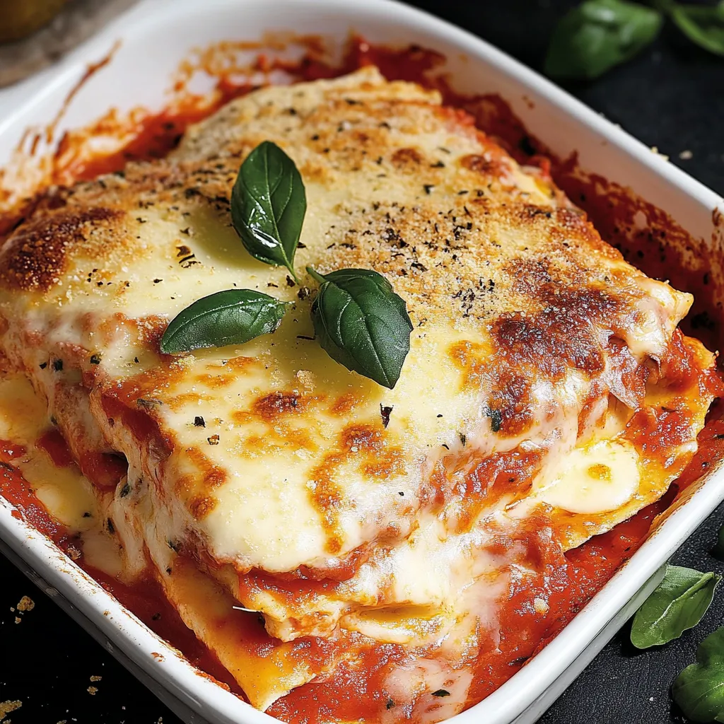 Un piatto di lasagna con foglie di basilico.