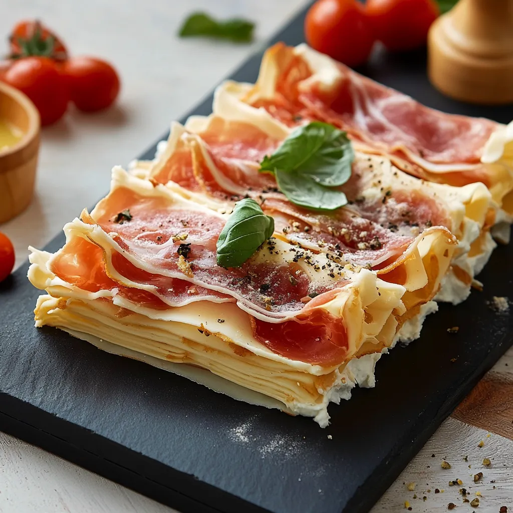 Piatti di prosciutto e basilico.