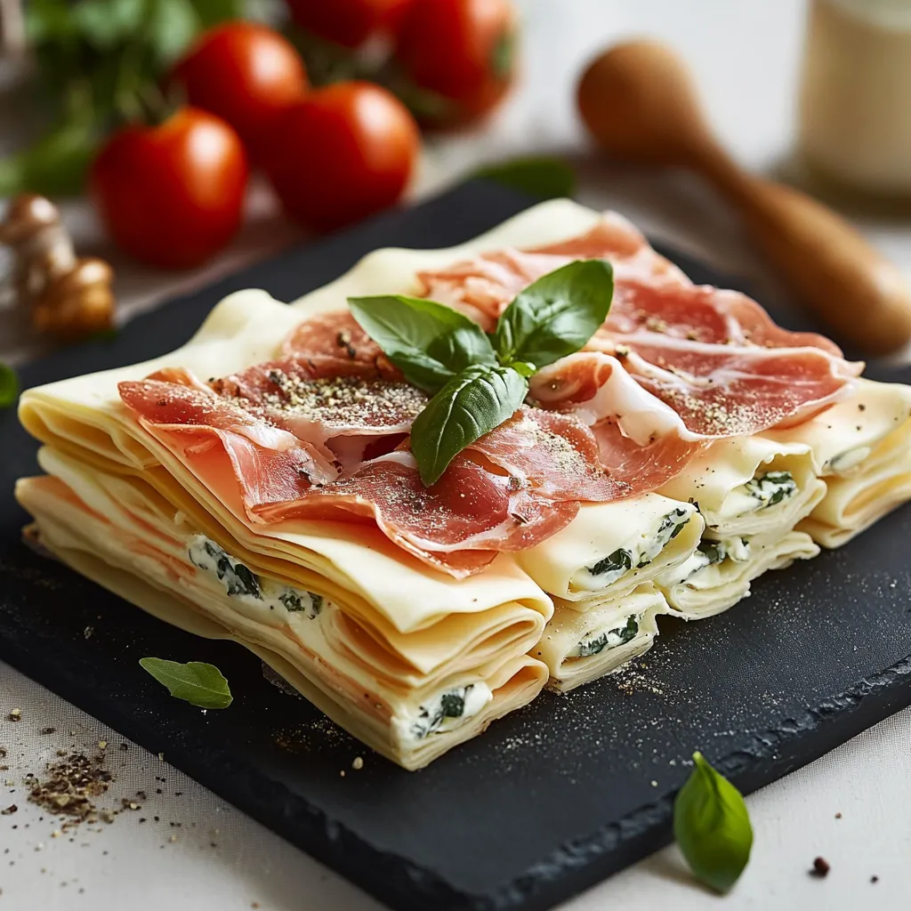 Quattro strati di lasagna con verdure e prosciutto.
