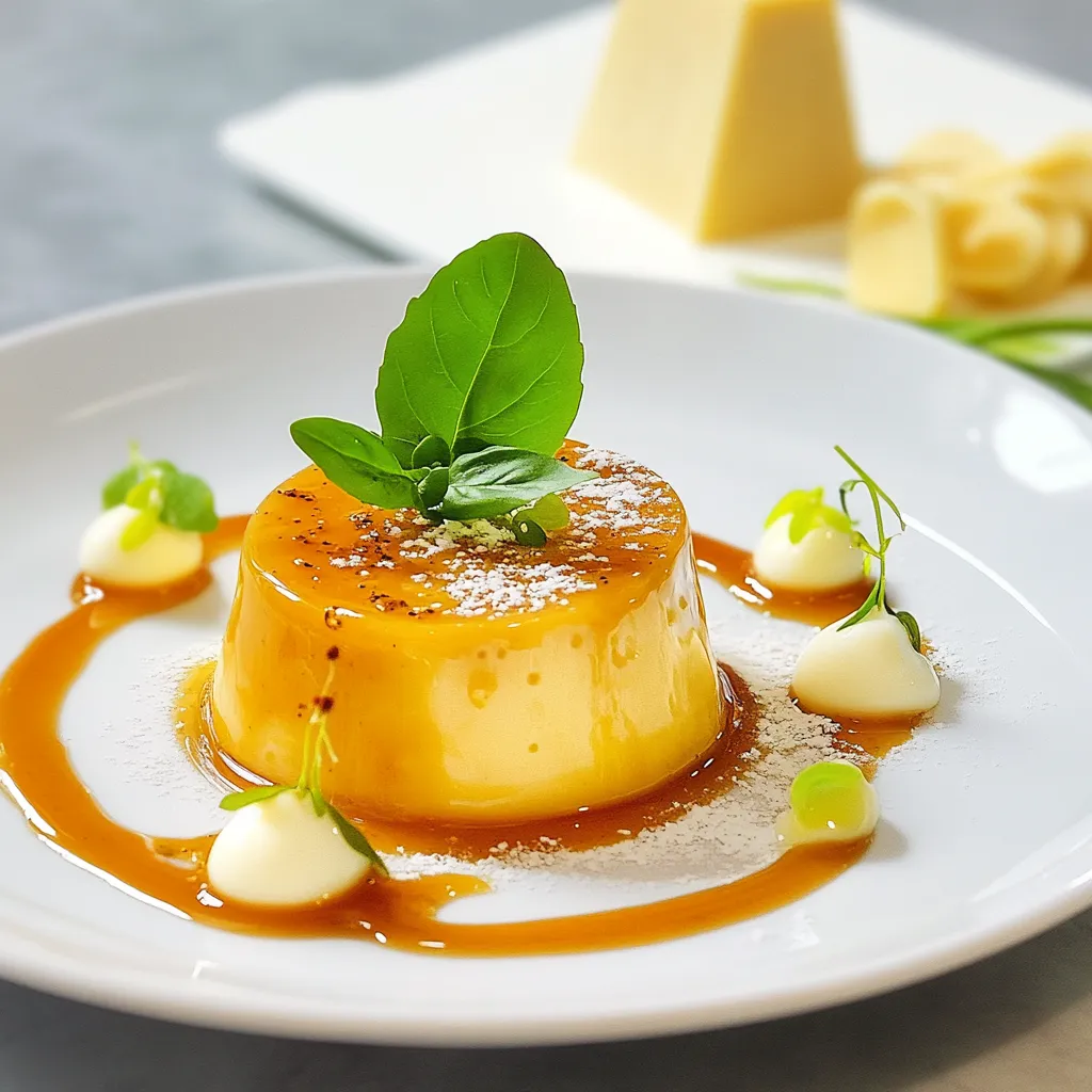 Un piatto di crema con foglie di basilico.