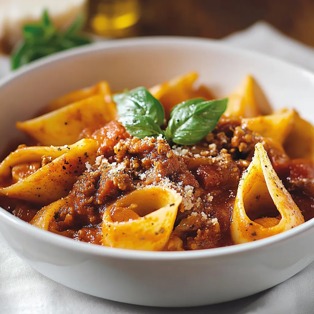 Una ciotola di pasta con sauce e foglie di basilico.